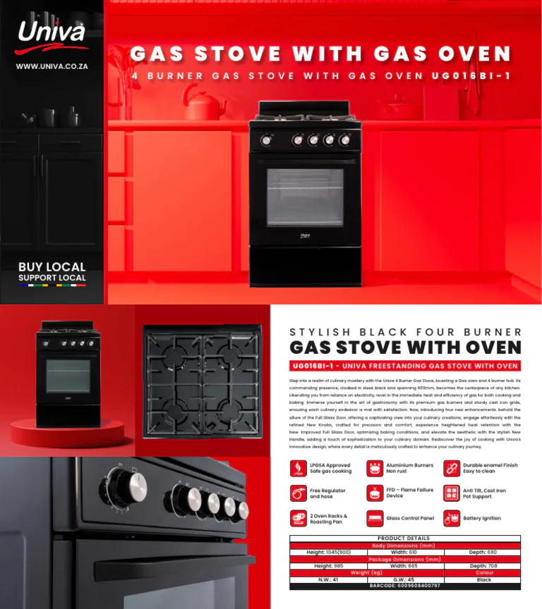 Univa Ug016bi-1 4 Burner Gas Stove With Gas Oven view 3